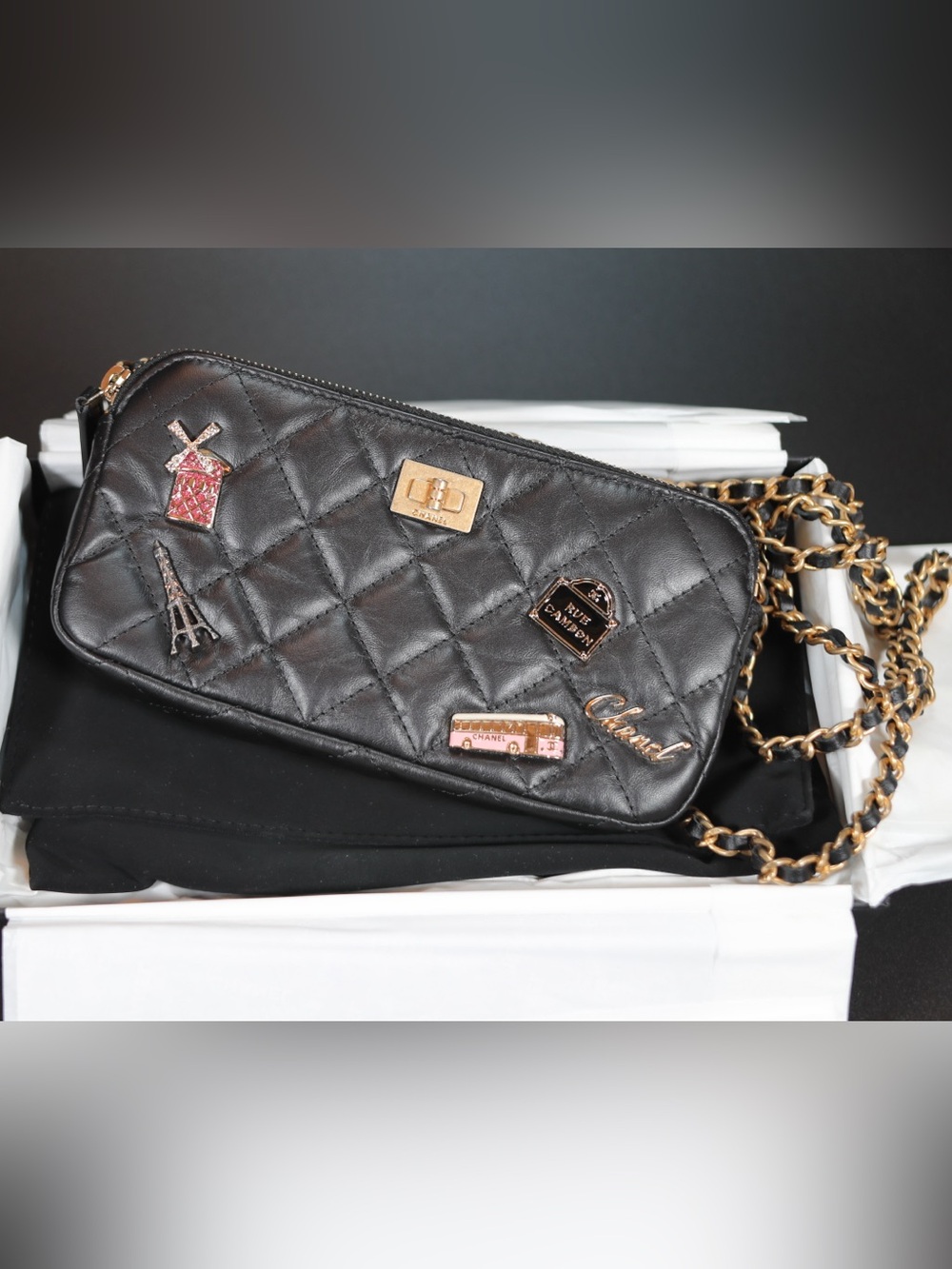 CHANEL Lucky Charms 2.55 Clutch Crossbody Bag–Black Quilted Aged Calfskin